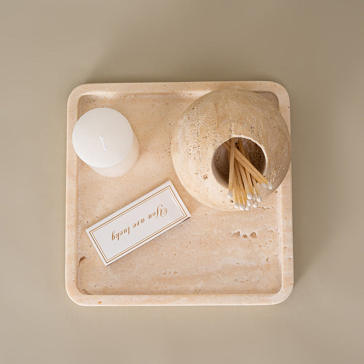 Kalsten | Beige Travertine Stone Match Holder and Toothpick Jar