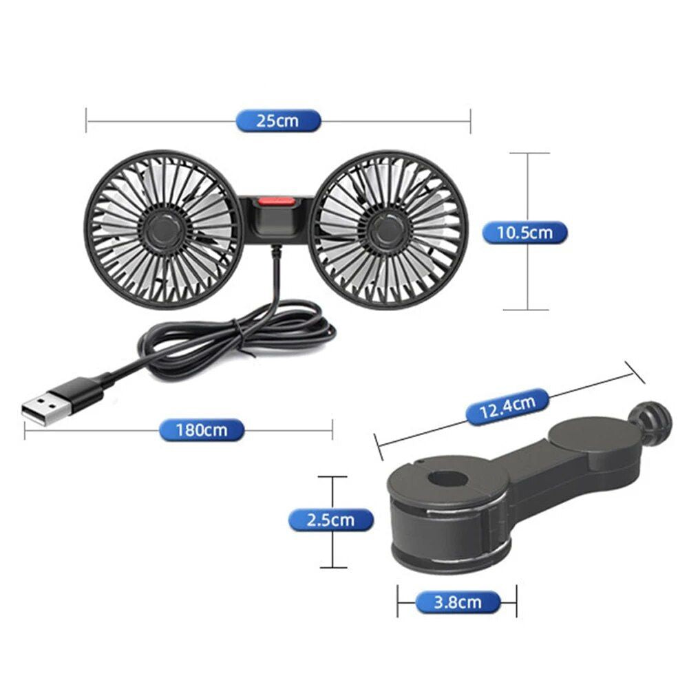 Dual Head USB Car Fan with 360° Rotation for 12V/24V Vehicles | Kalsten