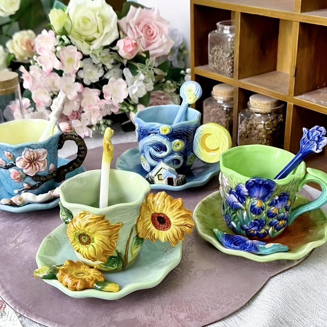 ArtSip Ceramic Cup & Saucer Set – Hand-painted 3D Design inspired by Van Gogh | Kalsten