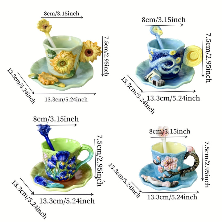 ArtSip Ceramic Cup & Saucer Set – Hand-painted 3D Design inspired by Van Gogh | Kalsten