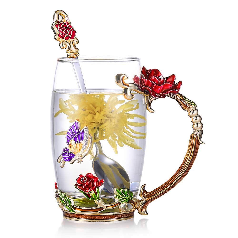 Kalsten | Enamel Rose Glass Tea Cup Set (With Spoon)