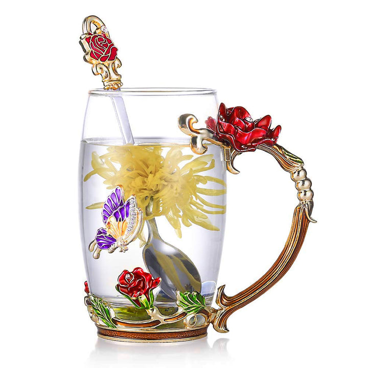 Kalsten | Enamel Rose Glass Tea Cup Set (With Spoon)