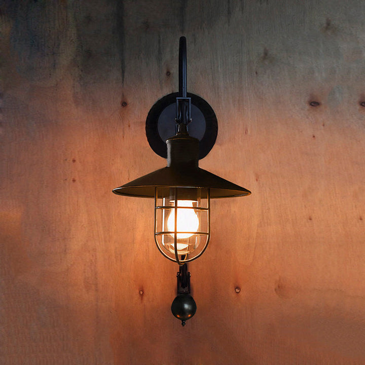 Black One Light Sconce Light Industrial Clear Glass Caged Lighting Fixture with Adjustable Pulley | Kalsten