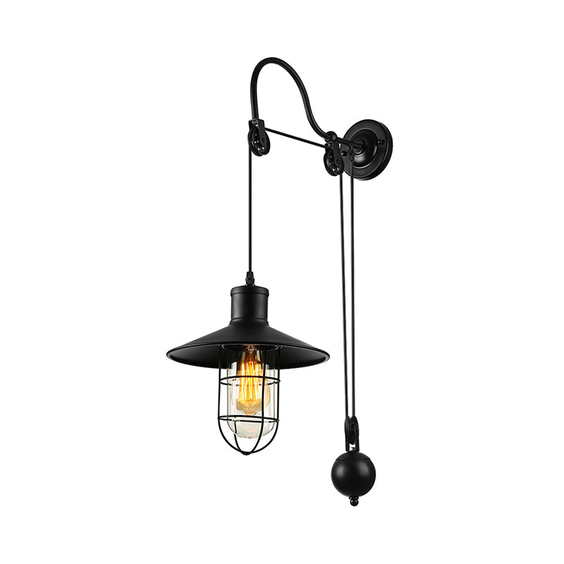 Black One Light Sconce Light Industrial Clear Glass Caged Lighting Fixture with Adjustable Pulley | Kalsten