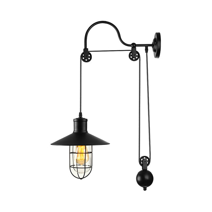 Black One Light Sconce Light Industrial Clear Glass Caged Lighting Fixture with Adjustable Pulley | Kalsten