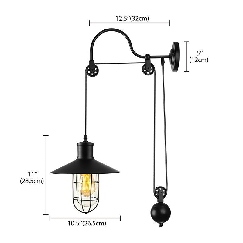 Black One Light Sconce Light Industrial Clear Glass Caged Lighting Fixture with Adjustable Pulley | Kalsten