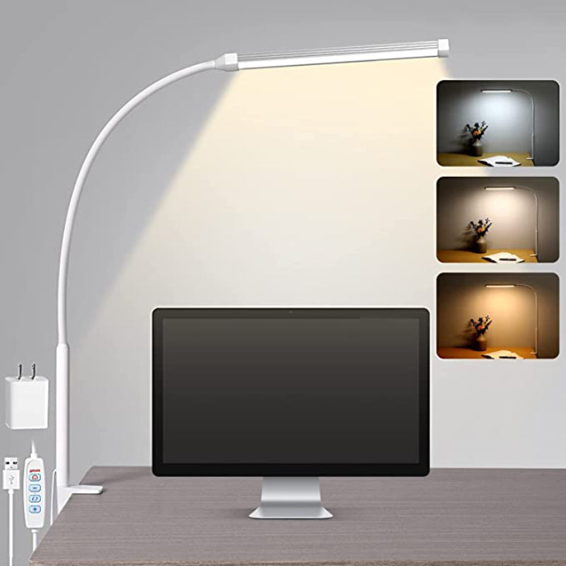 Kalsten | LED Desk Lamp with Lamp, eye-friendly Clip-On Lights for the Home Office, 3 Modes 10 Brightness Levels, long flexible Gooseneck, Metal, Swing Arm Architect Task Desk Lamps with USB Adapter, White