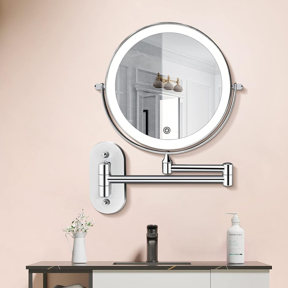 Illuminated wall mirror with 10x magnification and USB charging function | Karnz