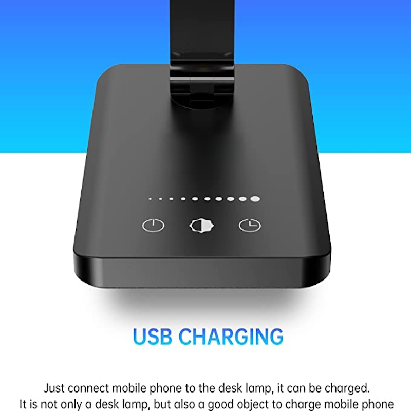 BowLift | LED desk lamp with USB charging port, dimmable eye-friendly reading lamp for home, with 5 brightness levels & 3 light modes, touch control, auto timer (Black)