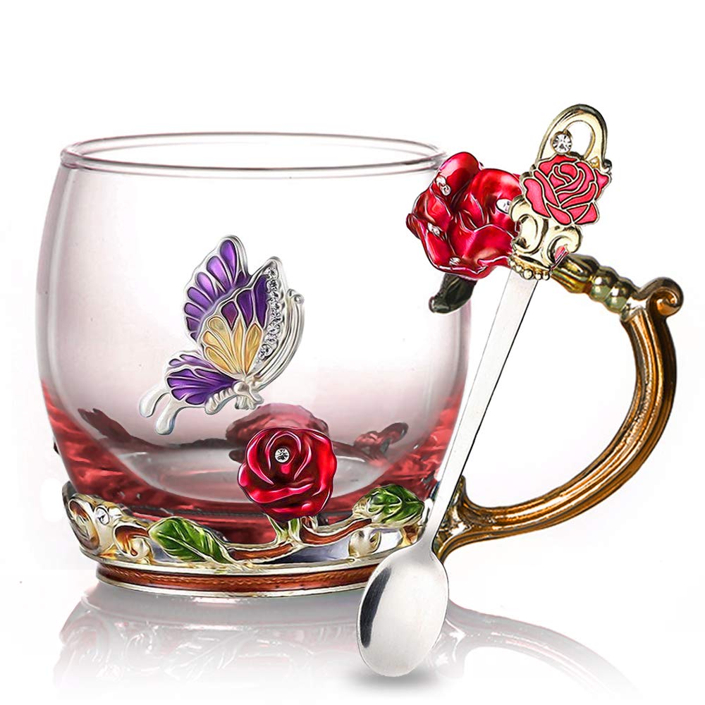 Kalsten | Enamel Rose Glass Tea Cup Set (With Spoon)