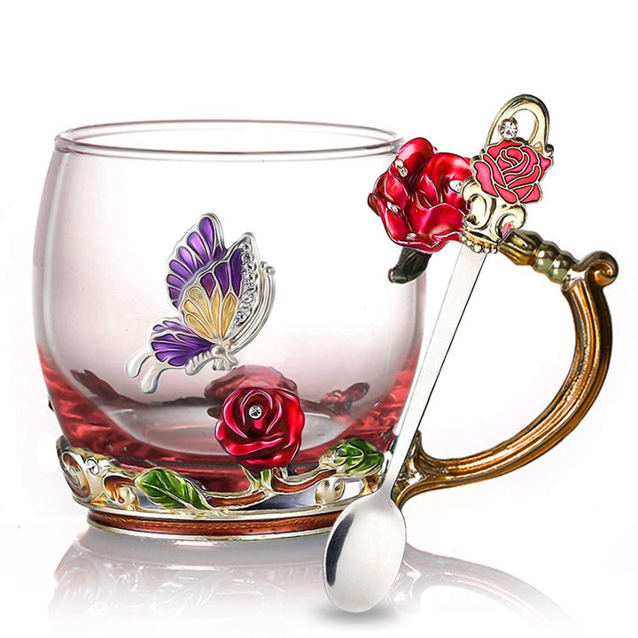 Kalsten | Enamel Rose Glass Tea Cup Set (With Spoon)