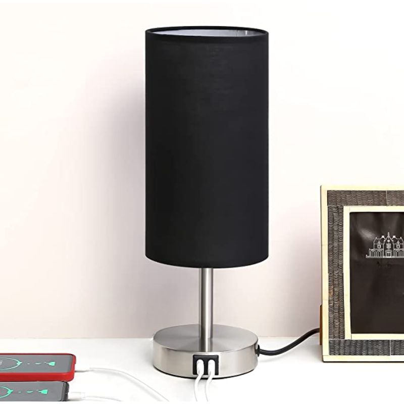 Lamp with USB connection Touch-Control Table Lamp for Bedroom Wood 3-stage dimmable Bedside Lamp with Round Linen Fabric Shade for Living Room, Student Dorm, Home Office | Kalsten