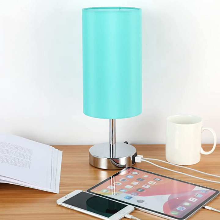 Lamp with USB connection Touch-Control Table Lamp for Bedroom Wood 3-stage dimmable Bedside Lamp with Round Linen Fabric Shade for Living Room, Student Dorm, Home Office | Kalsten