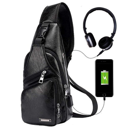 Karnz | Large Men's Leather Bag Chest Backpack Waterproof Crossbody Bag with USB