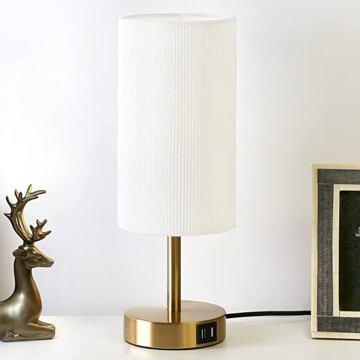 Lamp with USB connection Touch-Control Table Lamp for Bedroom Wood 3-stage dimmable Bedside Lamp with Round Linen Fabric Shade for Living Room, Student Dorm, Home Office | Kalsten