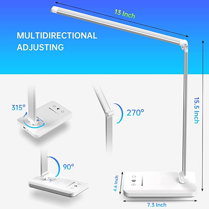 LED desk lamp with USB charging port, dimmable eye-friendly reading lamp for home, with 5 brightness levels & 3 light modes, touch control, auto timer (Black) | Kalsten