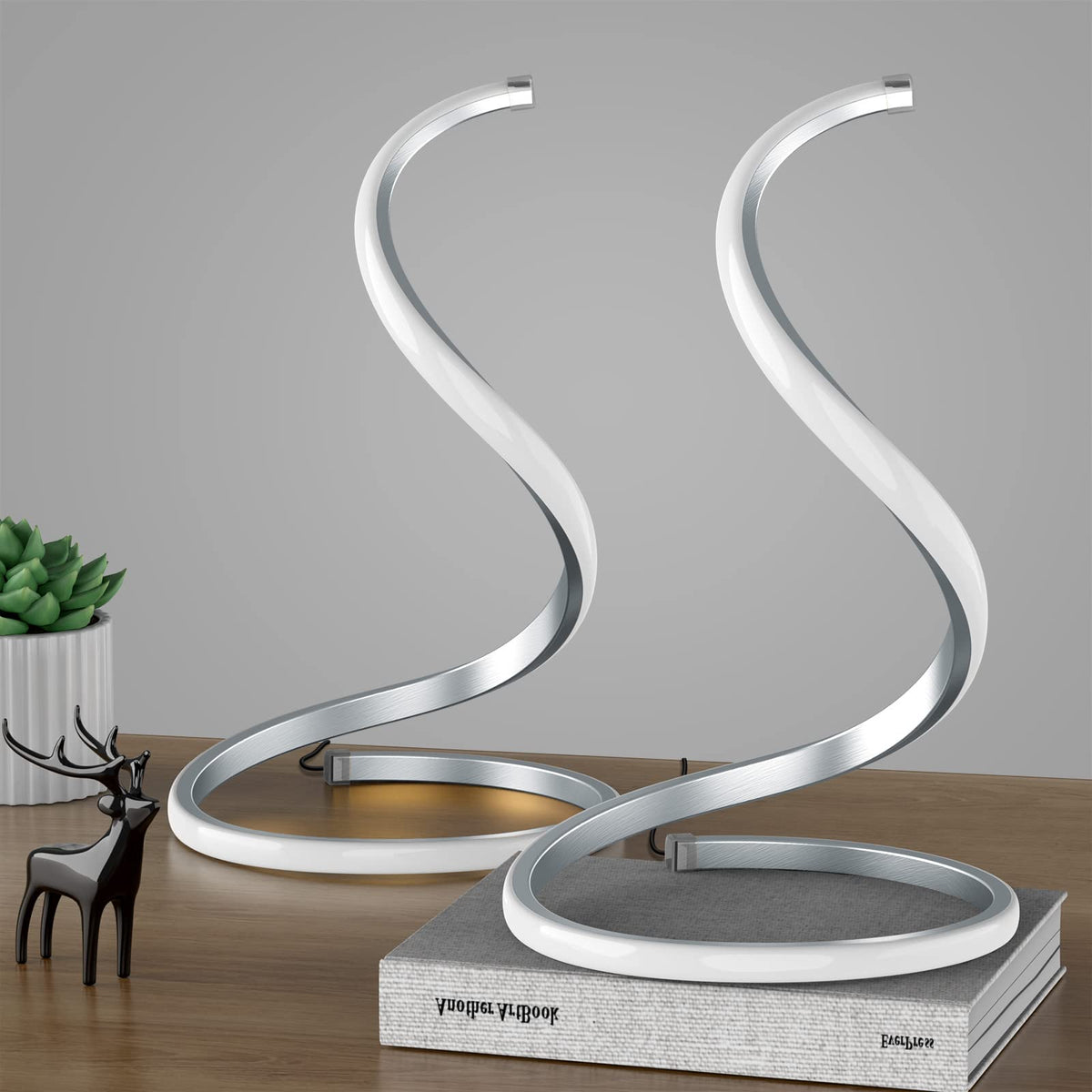 Skanto | Nuür Stepless Dimmable Silver Table Lamps Set of 2 - Curved Art Nightstand Lighting For Bedroom