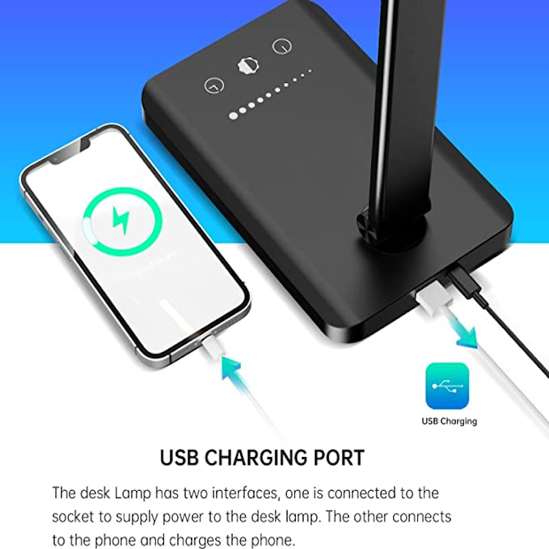 LED desk lamp with USB charging port, dimmable eye-friendly reading lamp for home, with 5 brightness levels & 3 light modes, touch control, auto timer (Black) | Kalsten