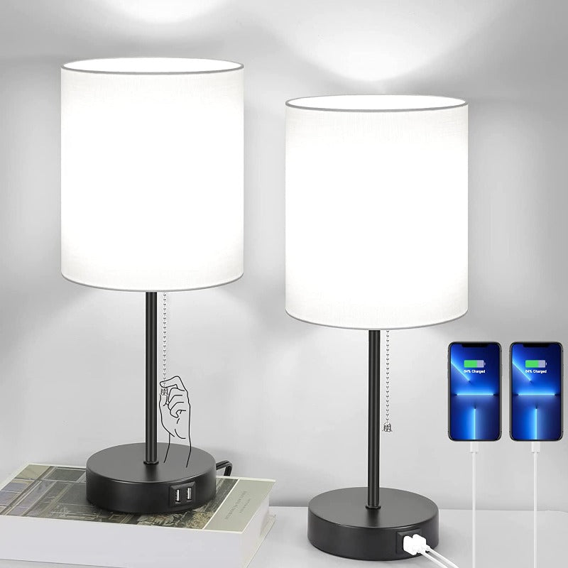 Table lamp set of 2 with USB charging ports, gray bedside lamps with AC outlet, bedside lamps with pull switch, minimalist modern desk lamps with fabric shade for living room bedroom office | Kalsten
