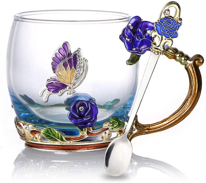 Kalsten | Enamel Rose Glass Tea Cup Set (With Spoon)
