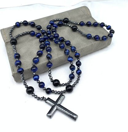 Skanto | Tiger Eye and Lapis Lazuli Cross Rosary Necklace for Men - Orion