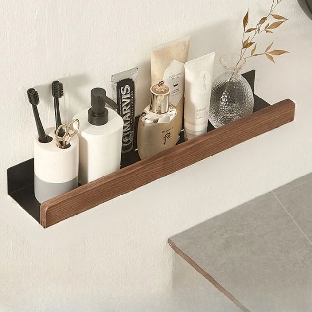 Solid wood bathroom organizer shelf without drilling