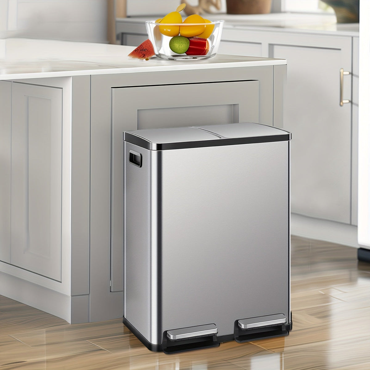 Skanto | JHK 15.85-Gal Large Capacity Silver Kitchen Bin - Modern Design, Dual Compartment Recycling, Closed Lid