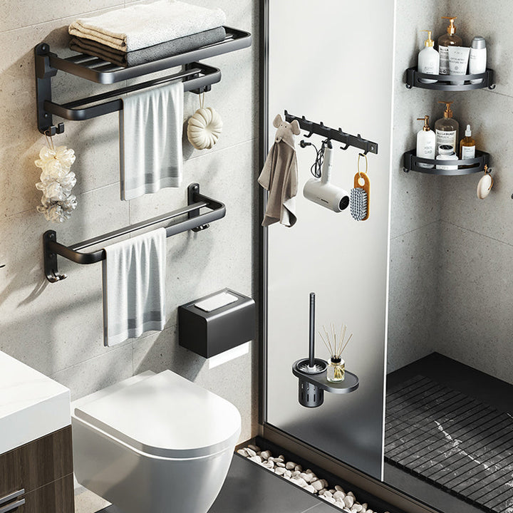 Kalsten | Contemporary bathroom accessory set with black finish and bath shelf/towel bar