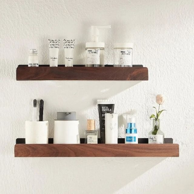 Solid wood bathroom organizer shelf without drilling