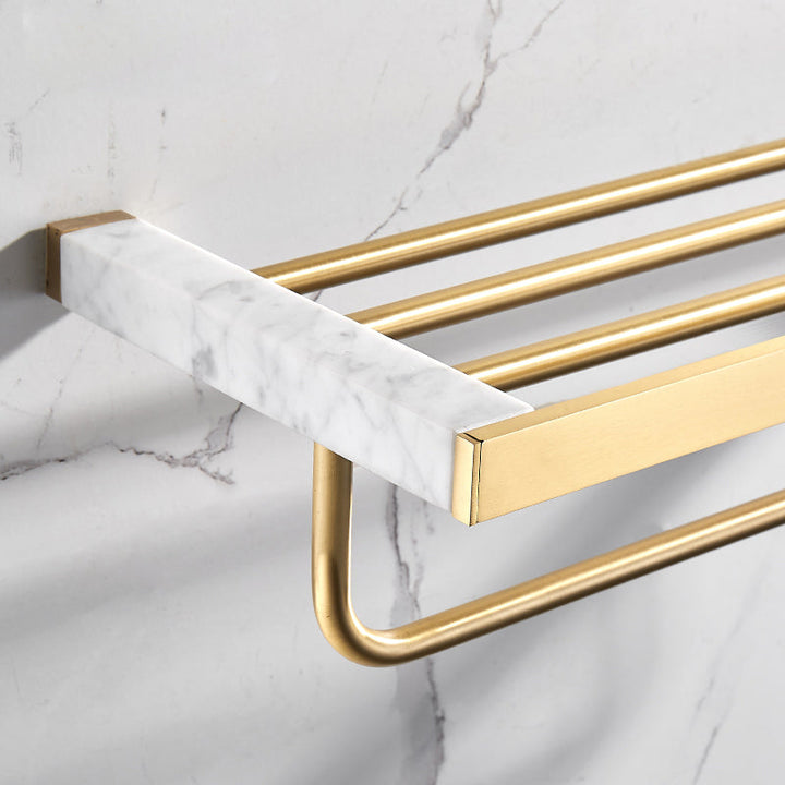 Kalsten | Brushed Brass Bathroom Accessory Set Metal & Marble Bathroom Hardware Set with Bathtub Shelf