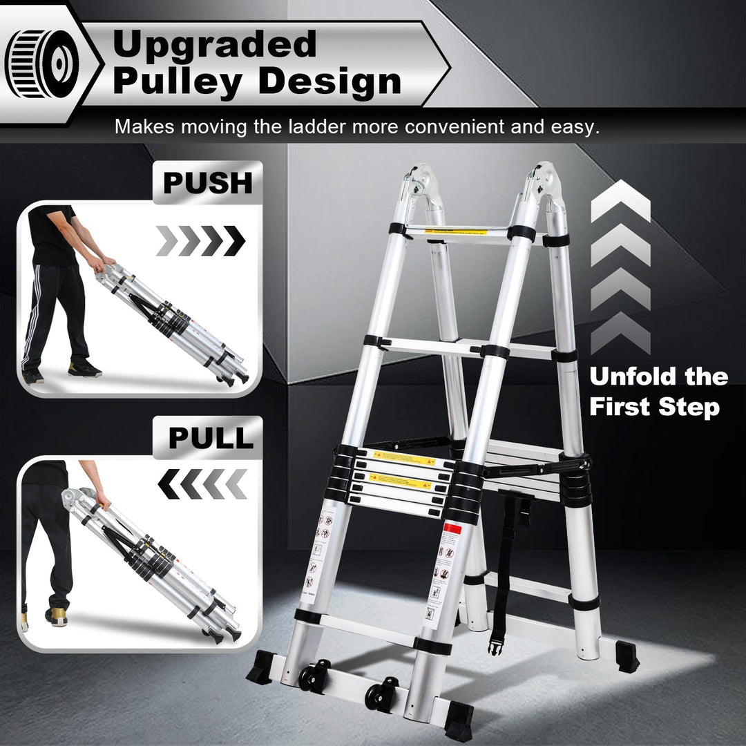 5M Aluminum Telescopic Ladder Folding Ladder with Wheels and Triangle Stabilizer | Kalsten