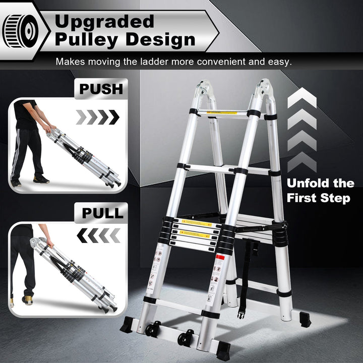 5M Aluminum Telescopic Ladder Folding Ladder with Wheels and Triangle Stabilizer | Kalsten