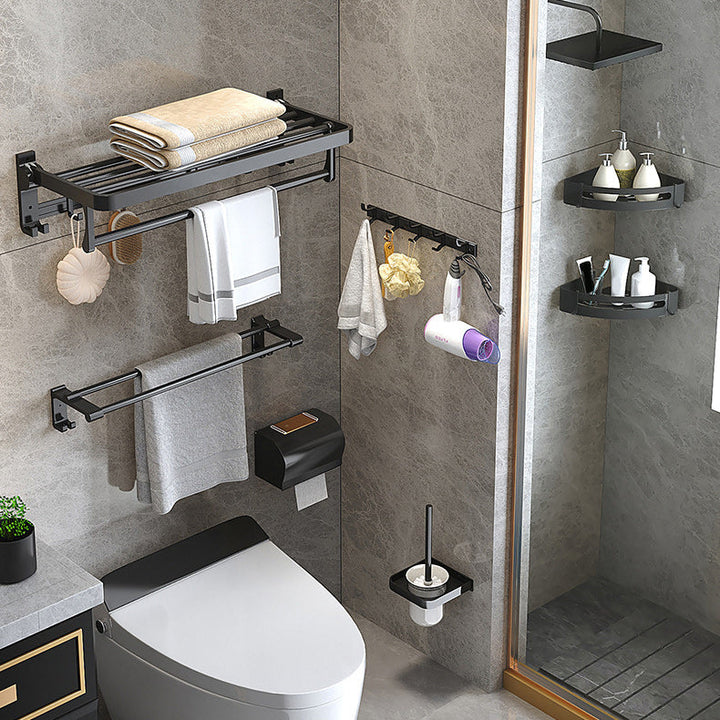 Kalsten | Modern Matte Black Bathroom Accessory Set with Bath Shelf/Towel Hooks/Towel Bar