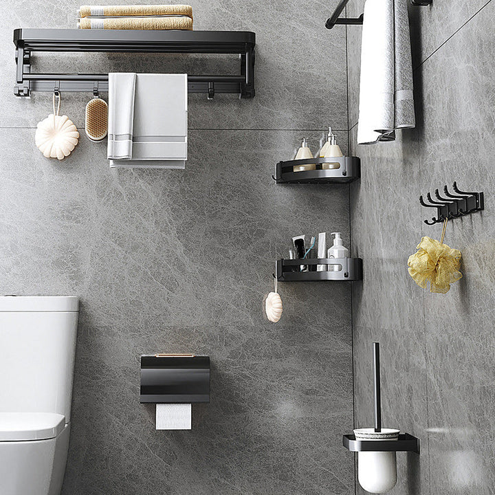 Kalsten | Modern Matte Black Bathroom Accessory Set with Bath Shelf/Towel Hooks/Towel Bar