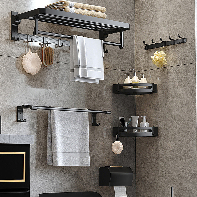 Kalsten | Modern Matte Black Bathroom Accessory Set with Bath Shelf/Towel Hooks/Towel Bar