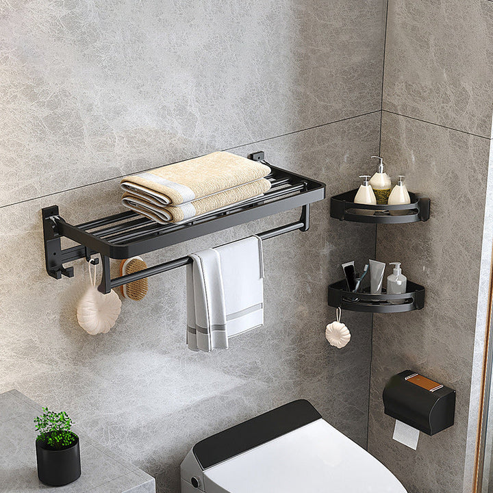 Kalsten | Modern Matte Black Bathroom Accessory Set with Bath Shelf/Towel Hooks/Towel Bar