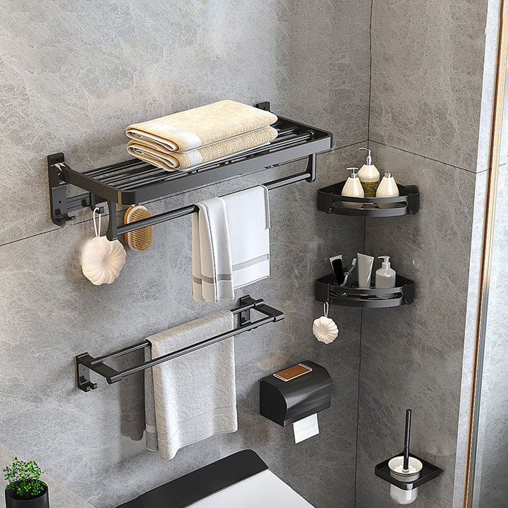 Kalsten | Modern Matte Black Bathroom Accessory Set with Bath Shelf/Towel Hooks/Towel Bar
