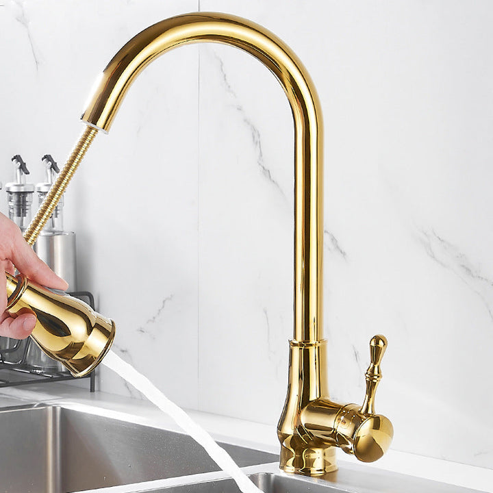 Kalsten | Brushed Gold Kitchen Sink Faucet High Arc Swivel Spout with Pull-Down Spray Head