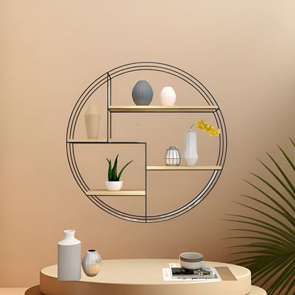 Round Wall Shelf with 4 Tiers – Retro Design made of Wood & Metal | Decorative Hanging Shelf for Living Room, Bathroom & Bedroom | Karnz