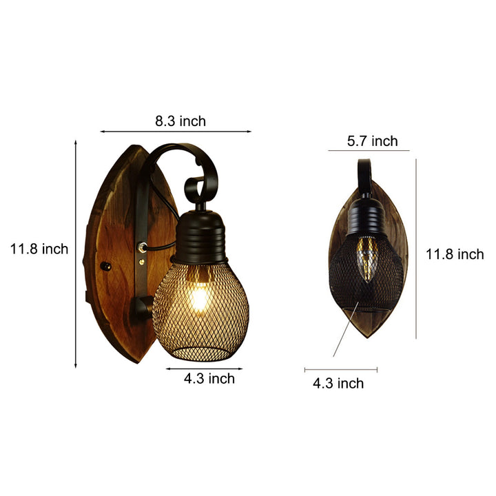 Rustic Antique Wood Iron Hollow Mesh Black E27 Industrial Style Wall Lamp | Kalsten