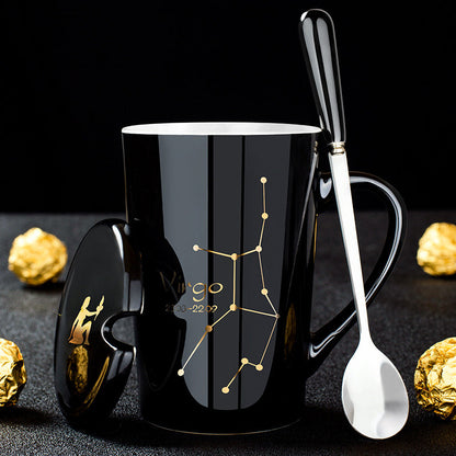 BowLift | 12 Zodiac Signs Black Ceramic Mug with Lid Spoon
