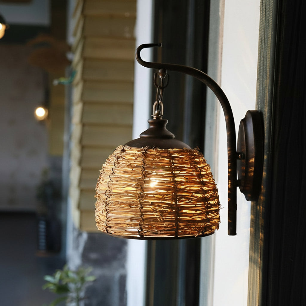 LED Wall Sconce Light – Boho Hand-Woven Rattan Iron (33x20cm / 13.0x8.0in) | Kalsten