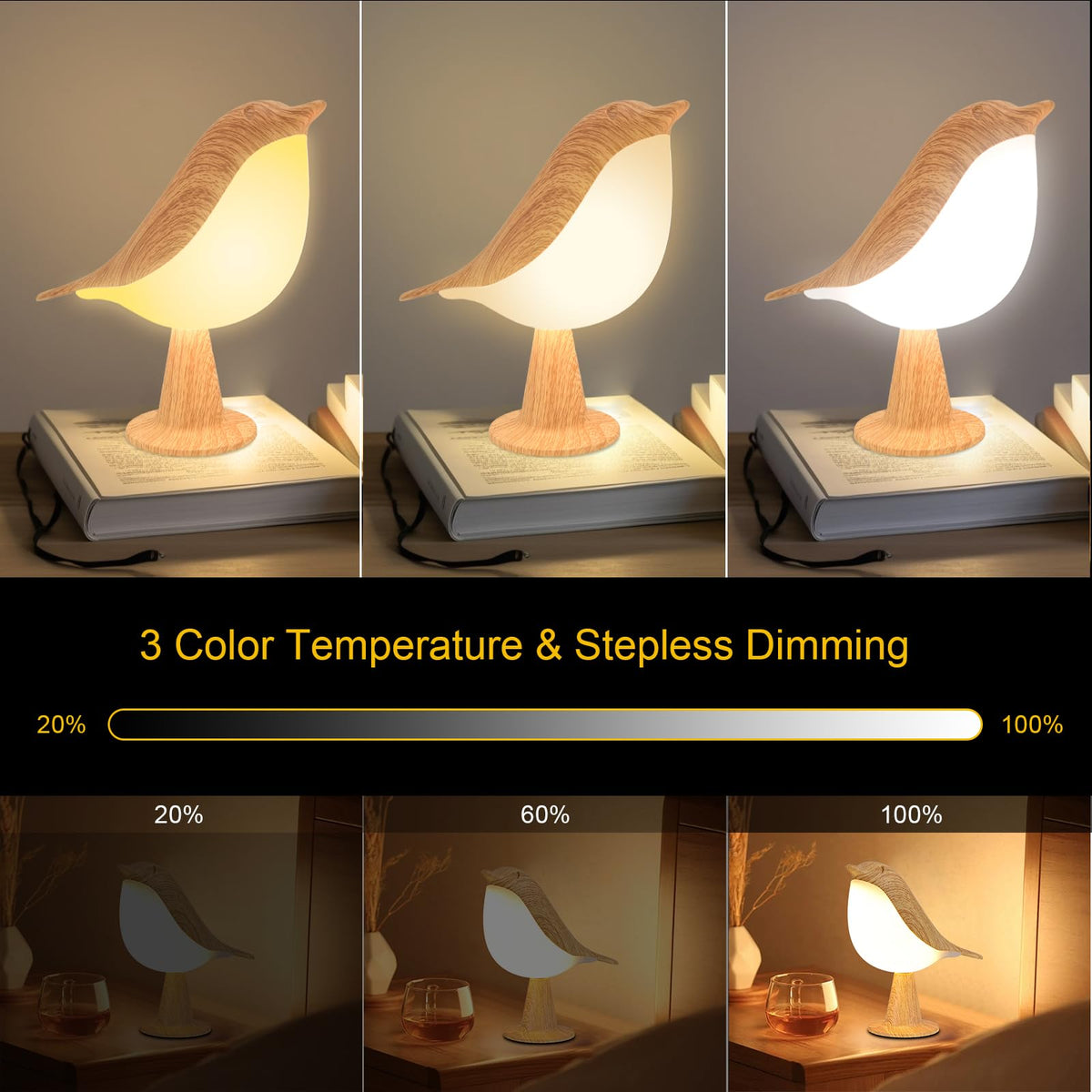 Skanto | Vquand 2 Pack Bird Desk Lamp - Rechargeable Kids Night Light with Touch Sensor & 3 Color Modes