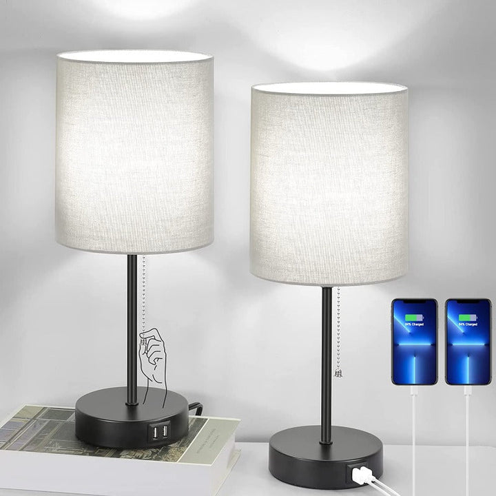 Table lamp set of 2 with USB charging ports, gray bedside lamps with AC outlet, bedside lamps with pull switch, minimalist modern desk lamps with fabric shade for living room bedroom office | Kalsten