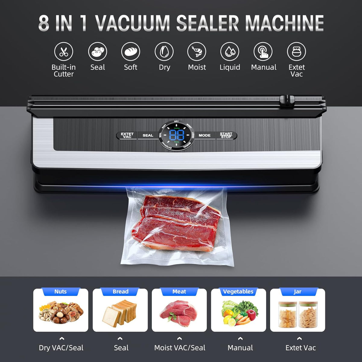 Brehn | Professional 8-in-1 Vacuum Sealer | Integrated Precision Cutter | Modes for Dry & Moist Foods | Airtight LED Sealing System | Incl. 15 Vacuum Bags