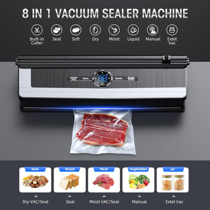 Brehn | Professional 8-in-1 Vacuum Sealer | Integrated Precision Cutter | Modes for Dry & Moist Foods | Airtight LED Sealing System | Incl. 15 Vacuum Bags