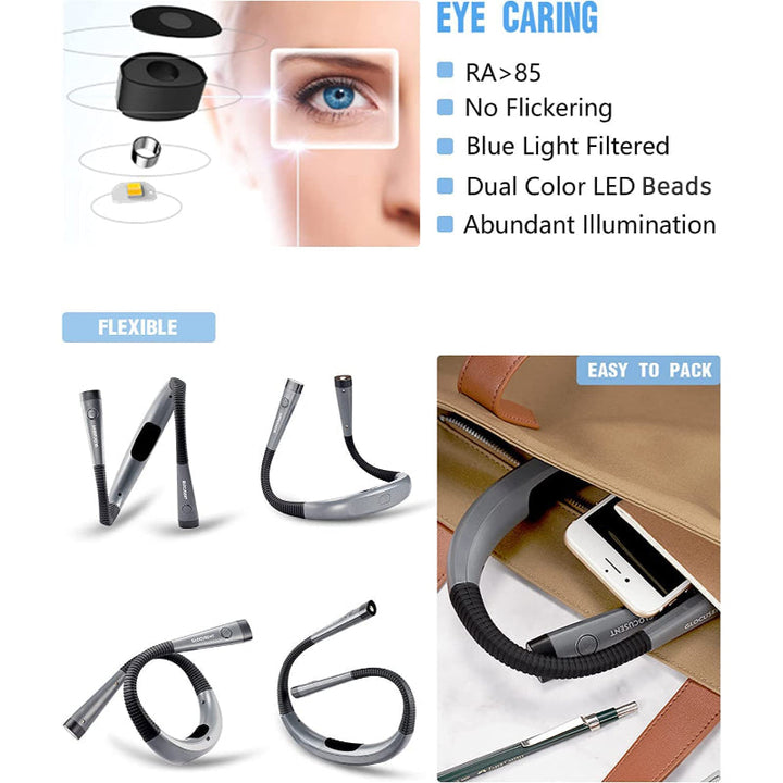 Kalsten | LED Neck Reading Lamp, Book Light for Reading in Bed, 3 Colors, 6 Brightness Levels, Flexible Arm, Rechargeable, Durable, Perfect for Reading, Knitting, Camping, Repairing