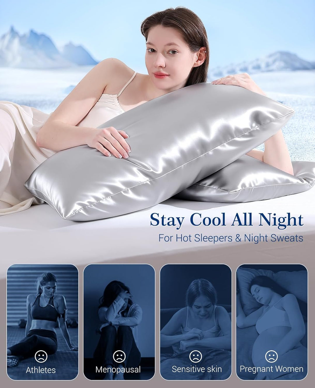 Cooling Pillowcases Q-max>0.5, 2-Pack, Soft & Hair-Friendly- Silver Gray | Kalsten