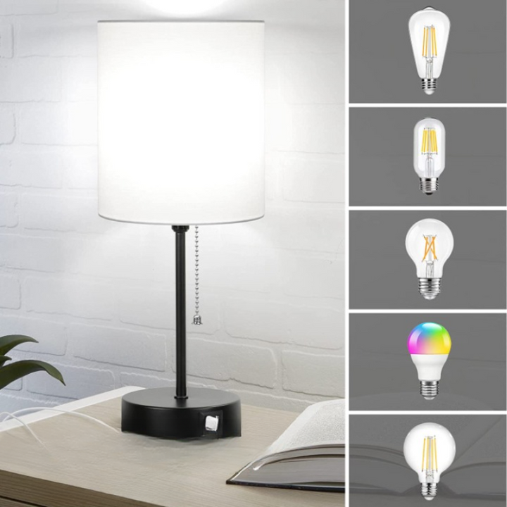 Table lamp set of 2 with USB charging ports, gray bedside lamps with AC outlet, bedside lamps with pull switch, minimalist modern desk lamps with fabric shade for living room bedroom office | Kalsten