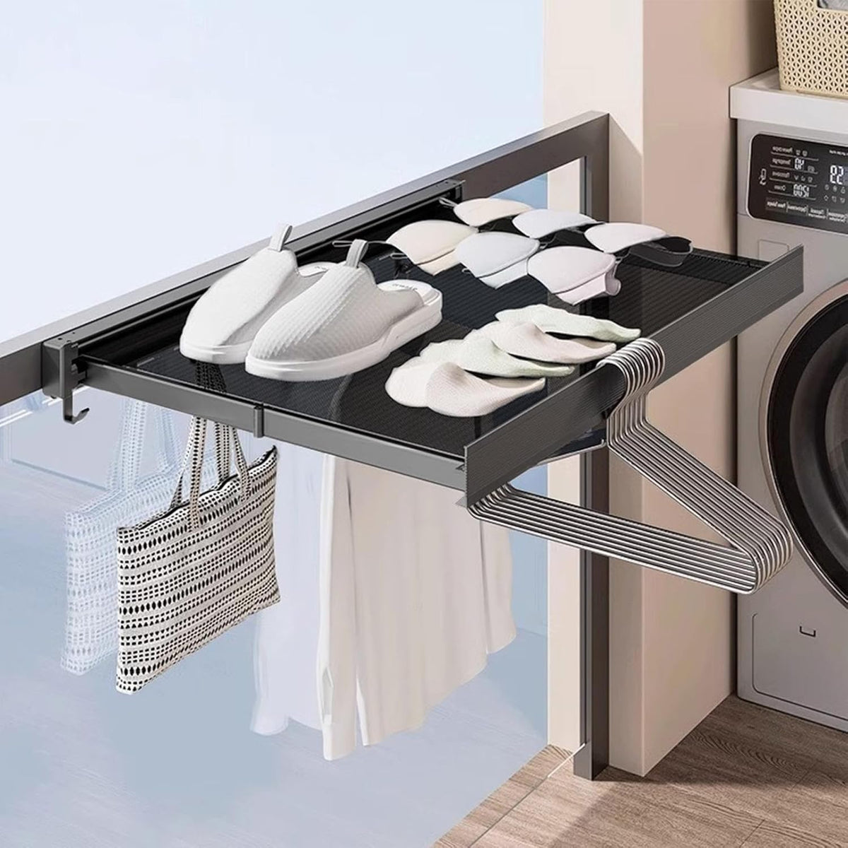 Skanto | Wall-Mounted Drying Rack | Extendable with Shelf and Hooks | Metal